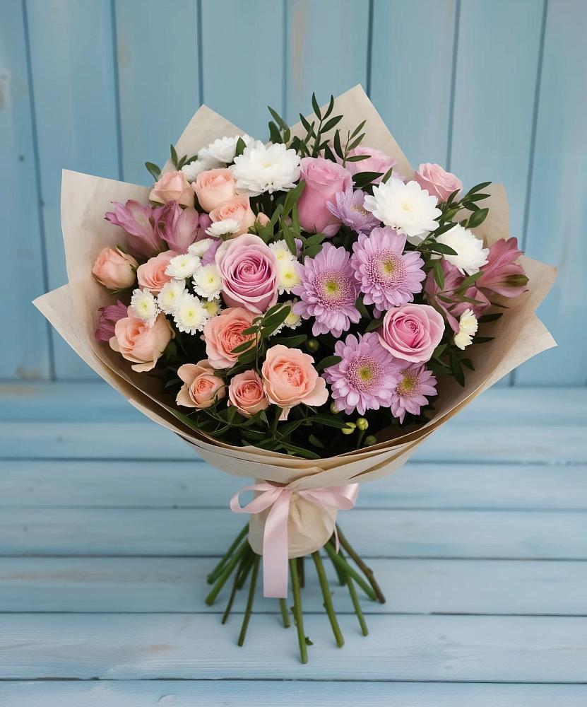 Букет цветов из: Хризантемы, Розы и Альстромерии в Сергиевский