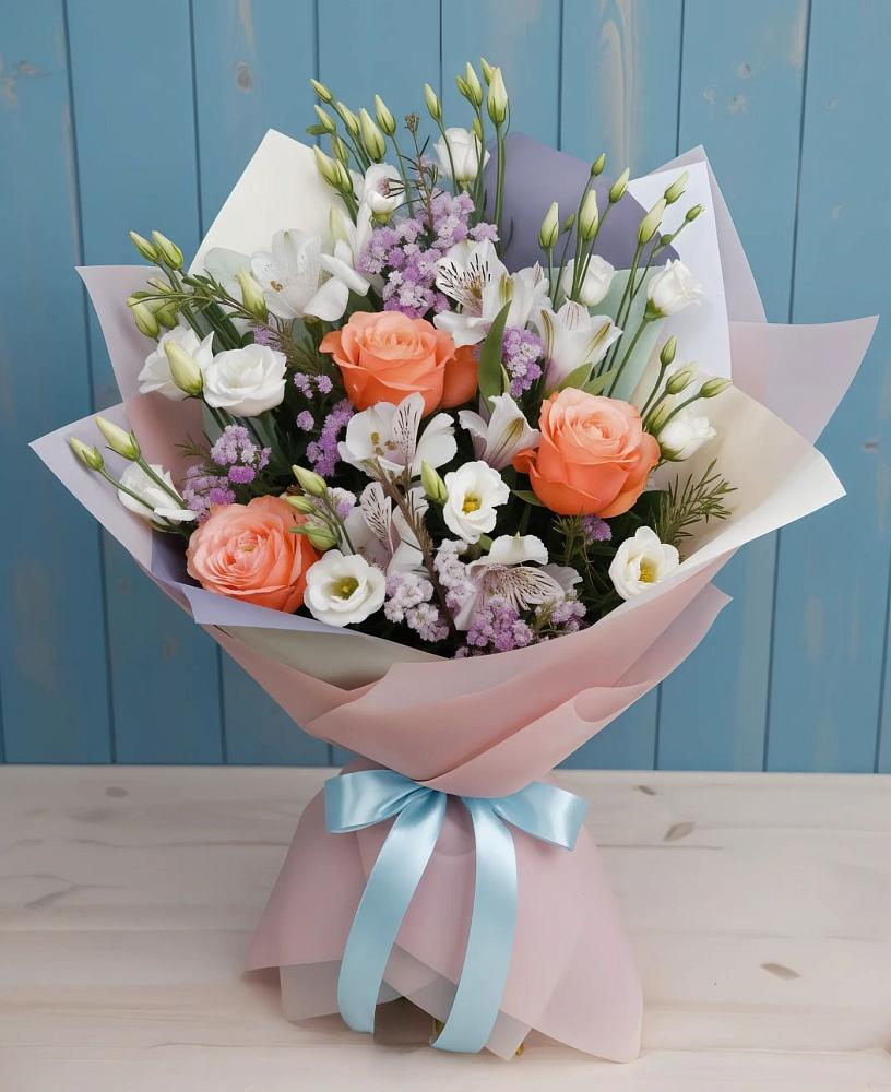 Букет цветов из: Лизиантусы, Розы, Альстромерии и Гипсофила в Сергиевский