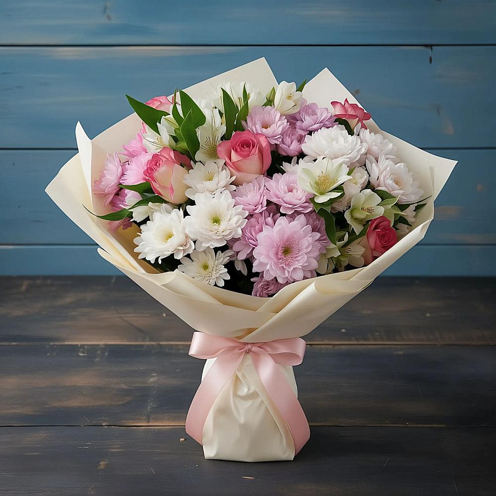 Букет цветов из: Хризантемы, Альстромерии и Розы в Сергиевский